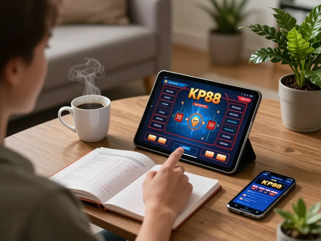 Player immersed in KP88 online gambling on a tablet with strategies open, showcasing a cozy gaming environment.