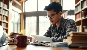 Student engaged in exam preparation surrounded by study materials in a bright library.