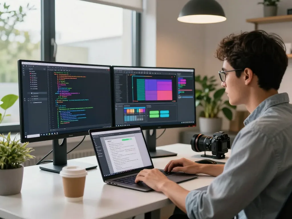 开发人员在现代工作空间中优化谷歌浏览器代码，配备双显示器和创意装饰。