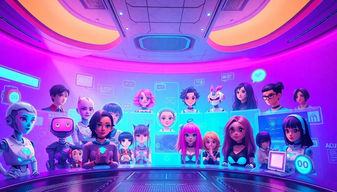 Engaging digital scene showcasing diverse NSFW AI avatars in a futuristic chat platform.