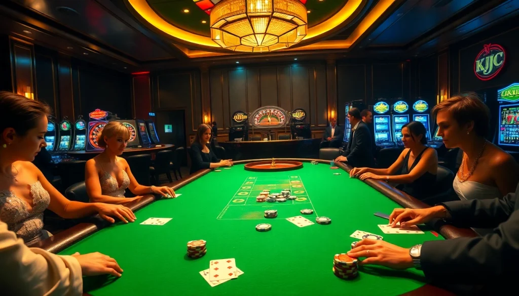 Players engaging in high-stakes poker at KJC's luxurious casino, surrounded by dice and chips.