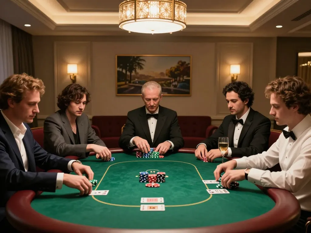 56WIN players engaged in high-stakes poker game at a luxurious private table.