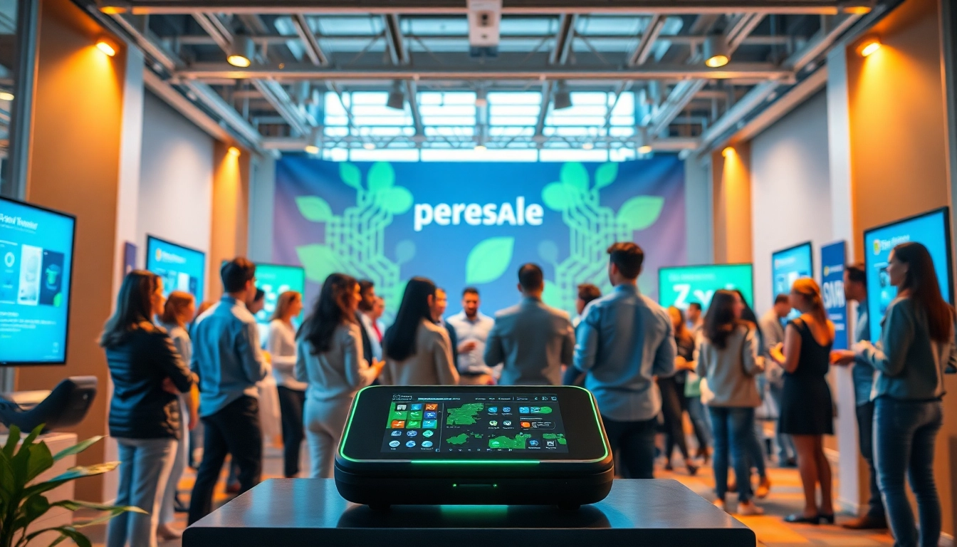 Presale event showcasing a tech startup with diverse professionals discussing innovative products.