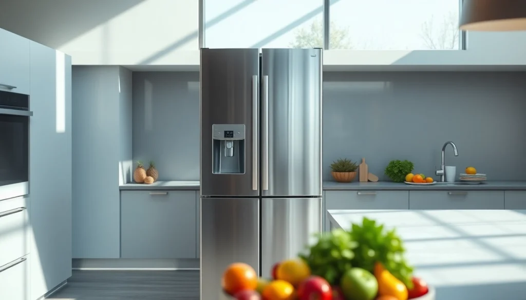 Stainless steel Refrigerator in a modern kitchen with fresh fruits and natural light.