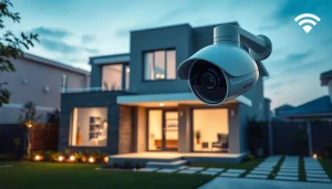 Cámaras de seguridad ubicadas estratégicamente para proteger una casa moderna con características de alta tecnología.