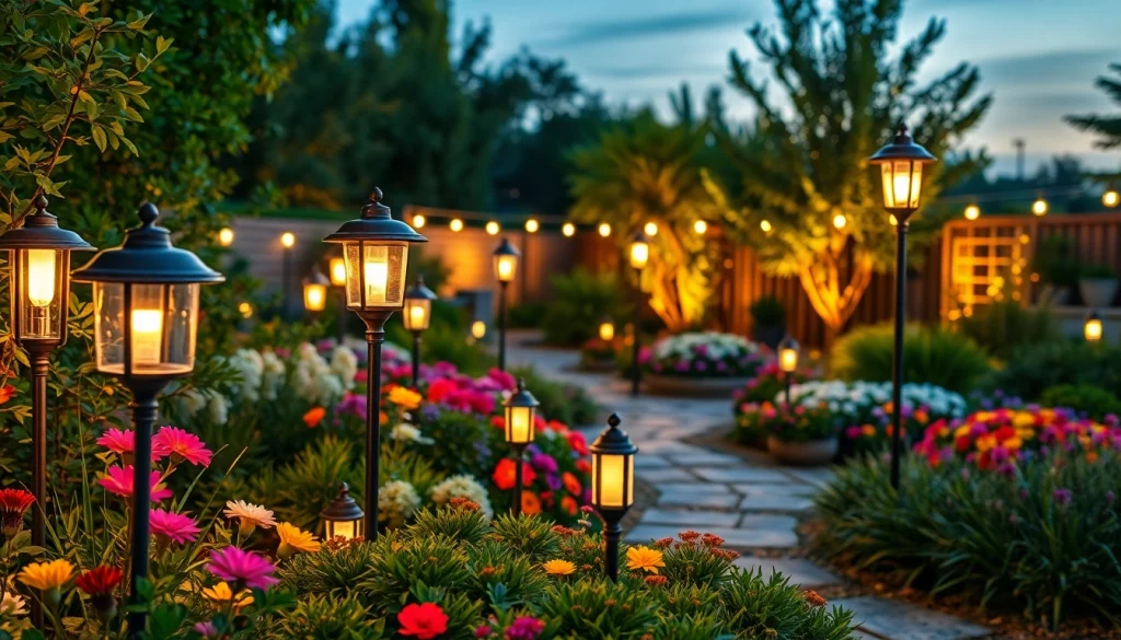 Tuinverlichting creëert een serene sfeer in de tuin met elegante verlichting en bloemen.