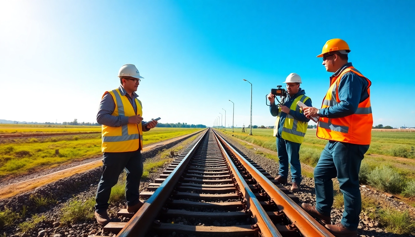 Track Inspectors Near Me assessing railway tracks with precision tools in an open field.