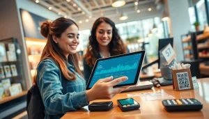 現代の小売店でキャッシュレス決済が処理されており、キャッシュレス決済技術の効率性を示しています。