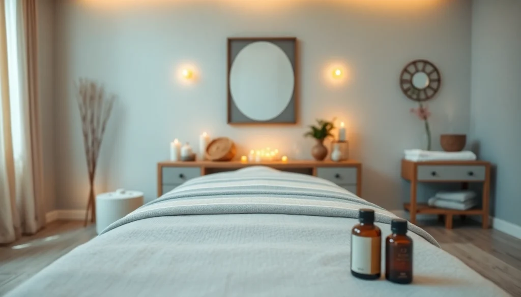 편안한 장식과 부드러운 조명이 있는 스웨디시 마사지 치료실