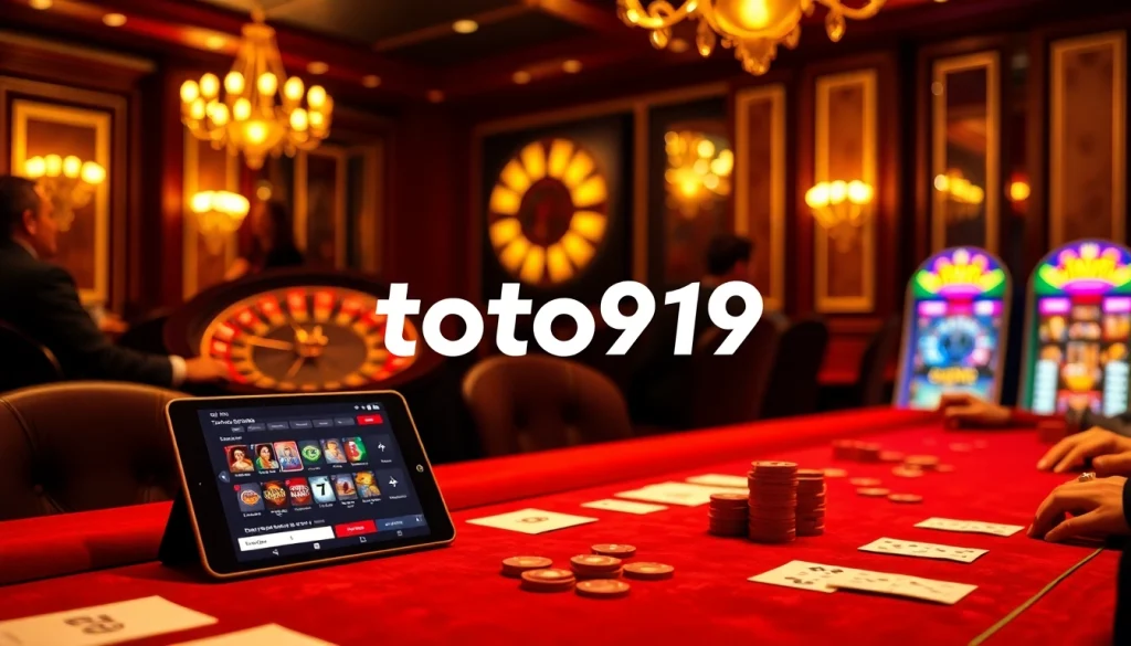 Engaging in a vibrant Toto919 casino experience with poker chips and a spinning roulette wheel.