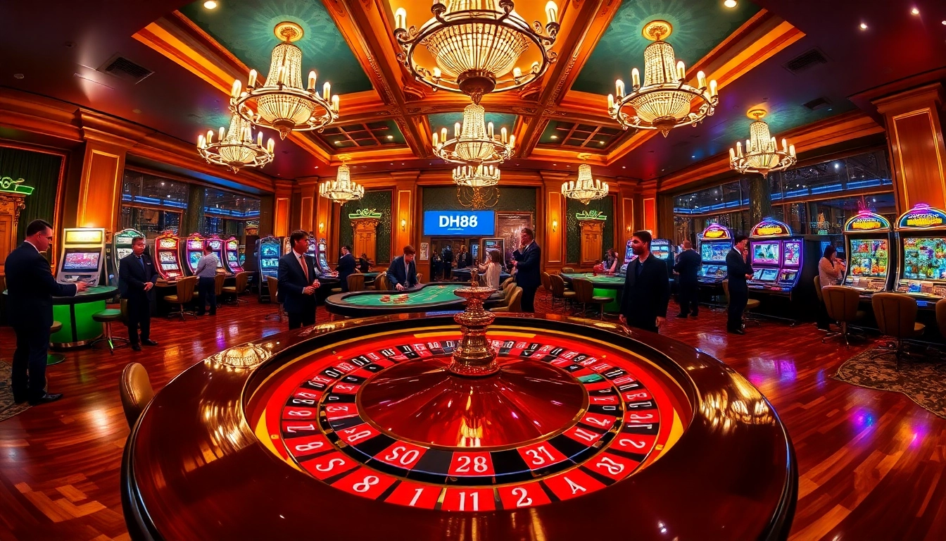 Players enjoying high-stakes games at DH88 casino with vibrant roulette and poker tables.