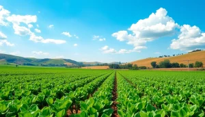 Efficient land irrigation enhancing crop growth in a vibrant field under a bright sky.