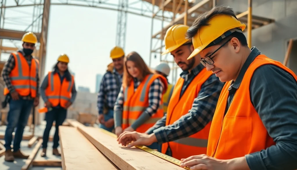 Individuals engaged in a construction apprenticeship on-site, demonstrating skill and teamwork.