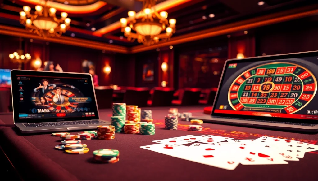 Scène de casino en ligne excitante avec des jetons de poker et une roulette vibrante.