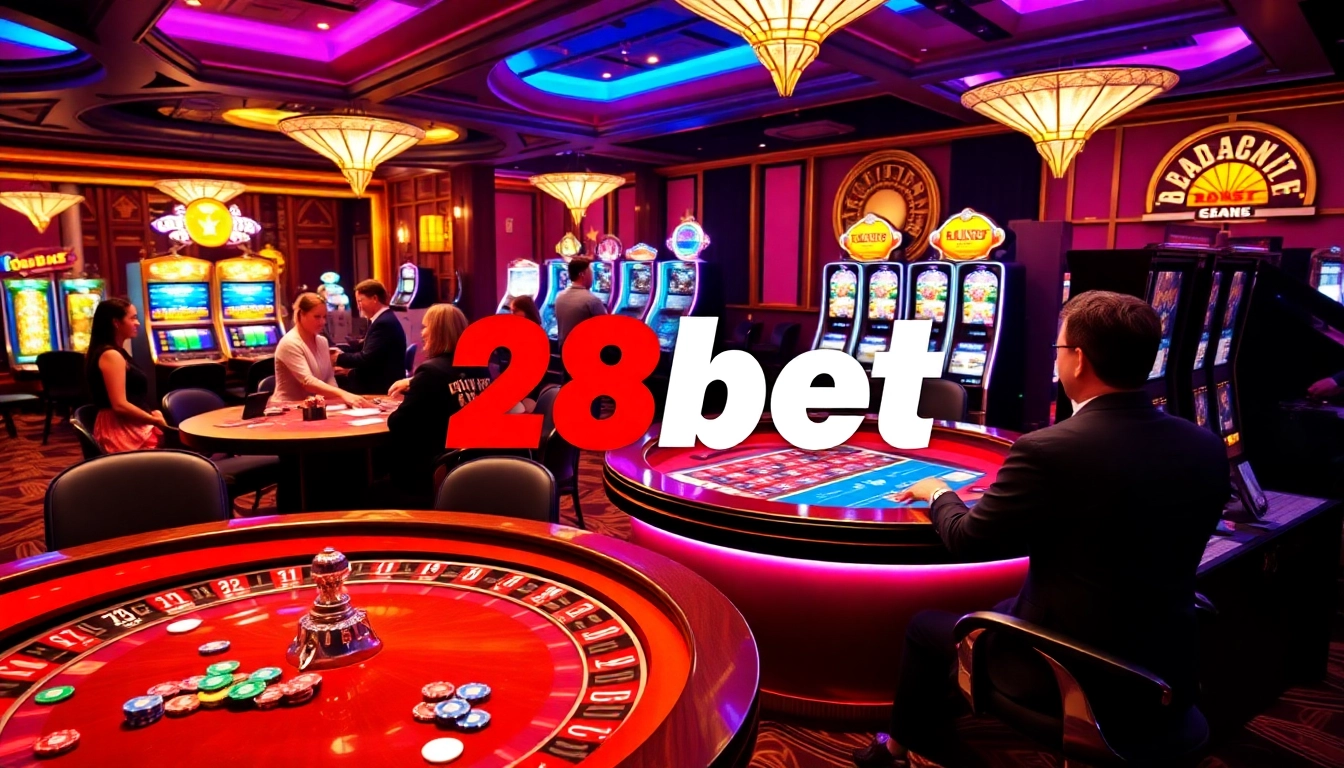 Feel the thrill of 28bet as players enjoy vibrant casino games among colorful poker chips and spinning roulette wheels.