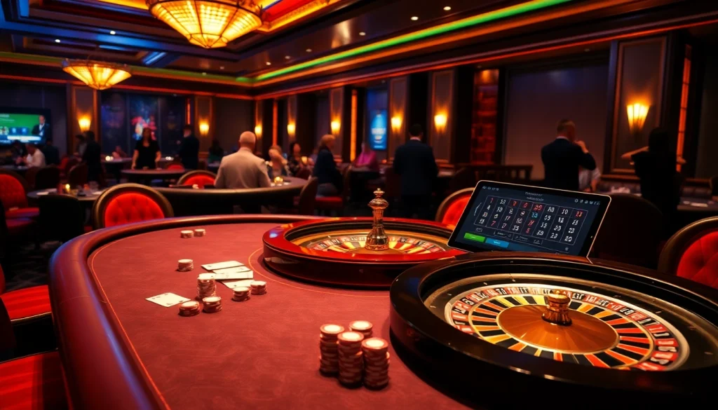 Excited players strategizing in a luxurious GG88 casino environment with roulette and poker elements.