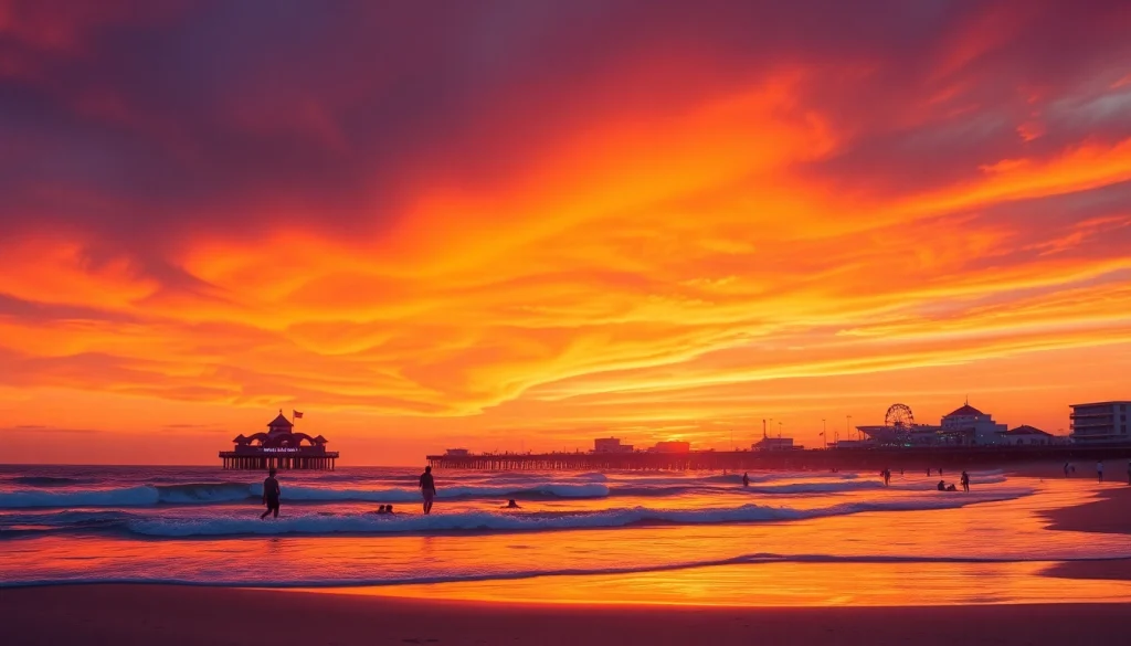Capture the enchanting sunset at https://myrtlebeachsc.com/ with beachgoers enjoying the serene waves.