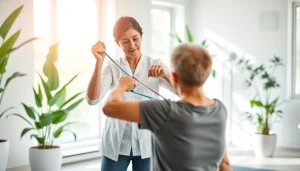 Engaging north edmonton physiotherapy session with a therapist guiding a patient through exercises.