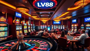 Engaged gamblers play at the LV88 casino tables, surrounded by vibrant slot machines and luxurious decor.