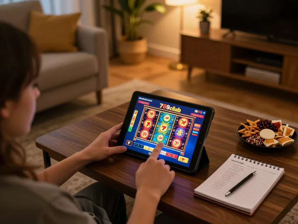 Engaging in online gameplay at 789club app in a cozy home setting with strategic notes