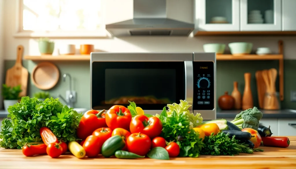 Showcasing microwave oven sales with a modern kitchen setup and fresh ingredients.