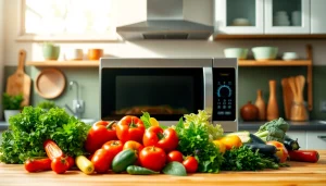 Showcasing microwave oven sales with a modern kitchen setup and fresh ingredients.