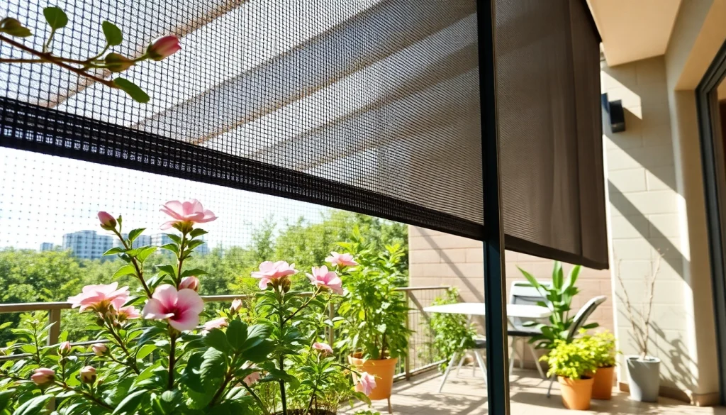Zanzariere installate su una terrazza soleggiata con piante fiorite.