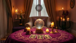 クリスタルやキャンドルを配置した居心地の良い神秘的な電話リーディングセットアップで洞察に満ちた電話占い当たるを体験してください。