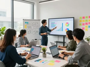 合同会社SUMXのチームが、生き生きとしたデジタルマーケティングの作業スペースで協力し、チームワークと創造性を示しています。