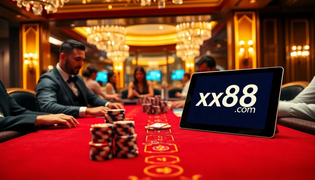 Players enjoying Baccarat at an elite casino table while engaging with xx88com's online interface.