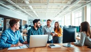 Engaged web designers essex collaborating in a creative office environment with sketches.