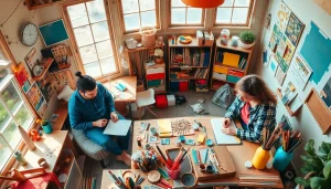 Niche hobbies engaged in by creative individuals in a vibrant, artistic workspace.