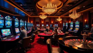 Scène de jeu de casino en ligne passionnante avec des jetons de poker colorés et des roues de roulette tournantes.