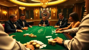 High-stakes poker action at 28BET casino featuring chips and cards on an elegant table.