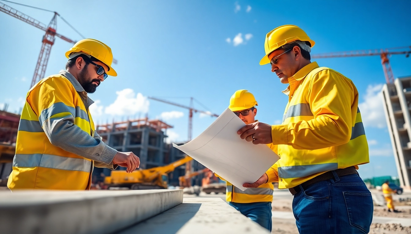 Workers engaging in construction quality management, ensuring standards while inspecting materials and plans.