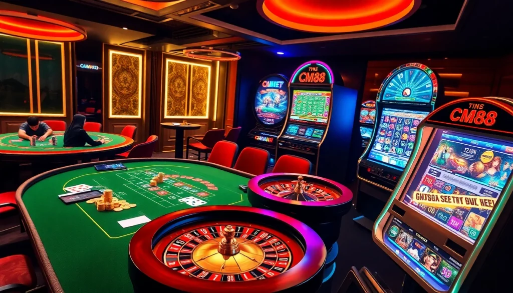 Experience the thrilling atmosphere of CM88, where players engage in fast-paced online gambling with vibrant games and luxurious settings.