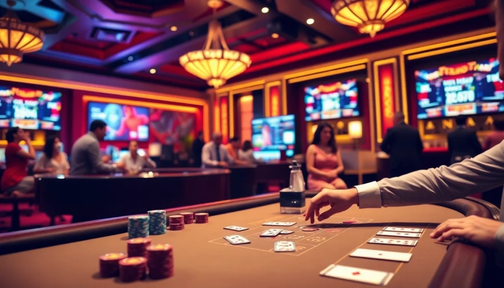 RR88 gamblers enjoying a strategic poker game with vibrant casino atmosphere.