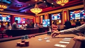 RR88 gamblers enjoying a strategic poker game with vibrant casino atmosphere.