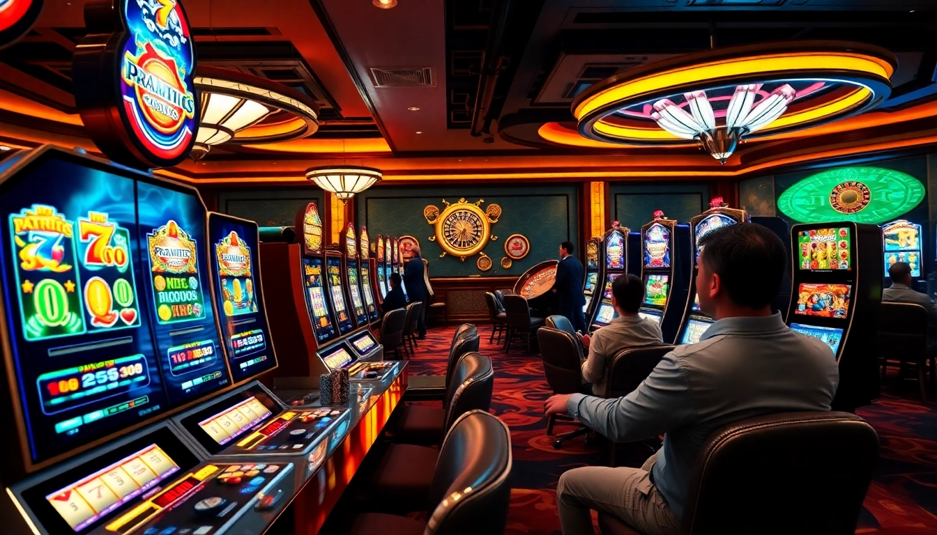 Players enjoying high-stakes gambling at pragmatic slot machines in a vibrant casino scene.