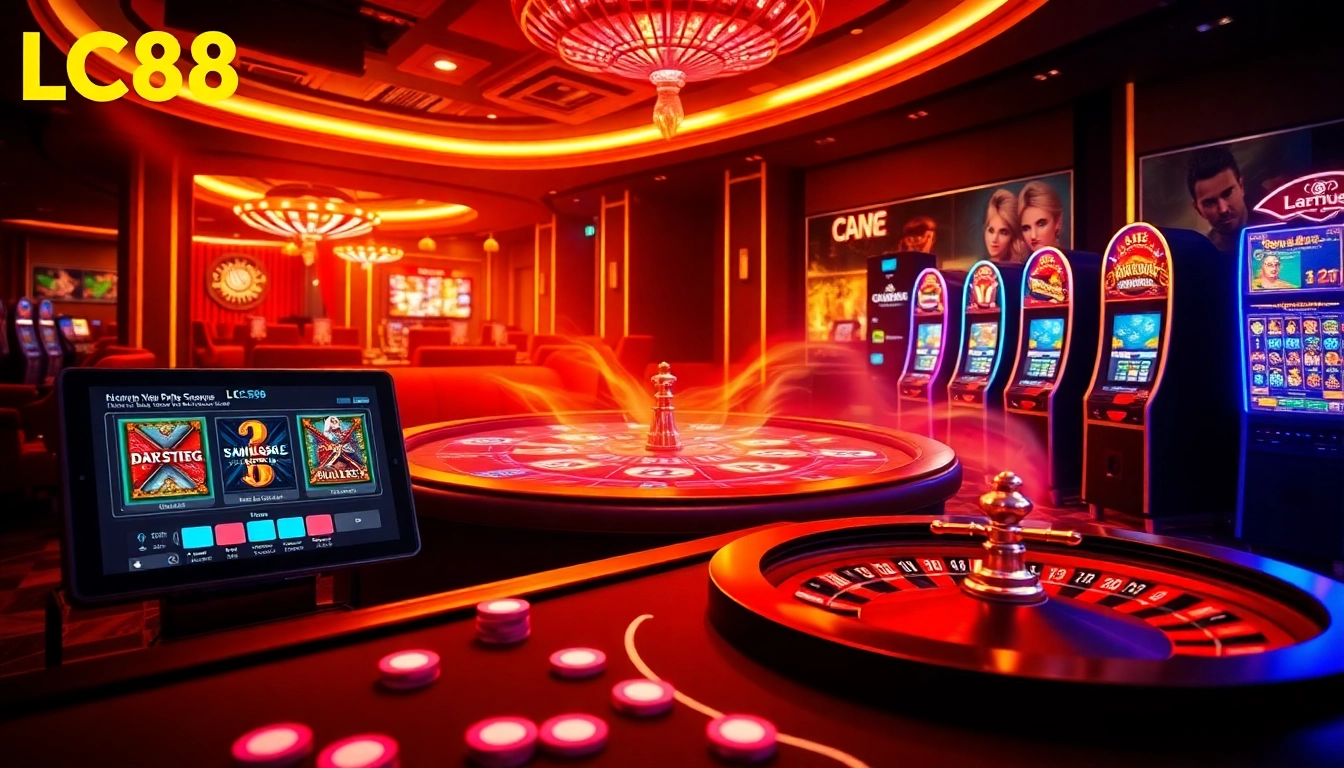 Engage in thrilling gameplay at LC88's vibrant casino, showcasing colorful chips and exciting betting options.