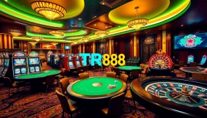 Exciting casino atmosphere at TR88 with vibrant gambling elements including poker tables and slot machines.