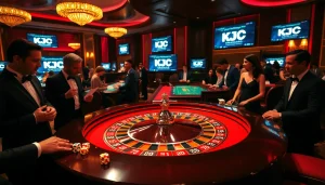 This vibrant casino scene showcases players engaging at a roulette table, representing excitement for https://kjc.football/.
