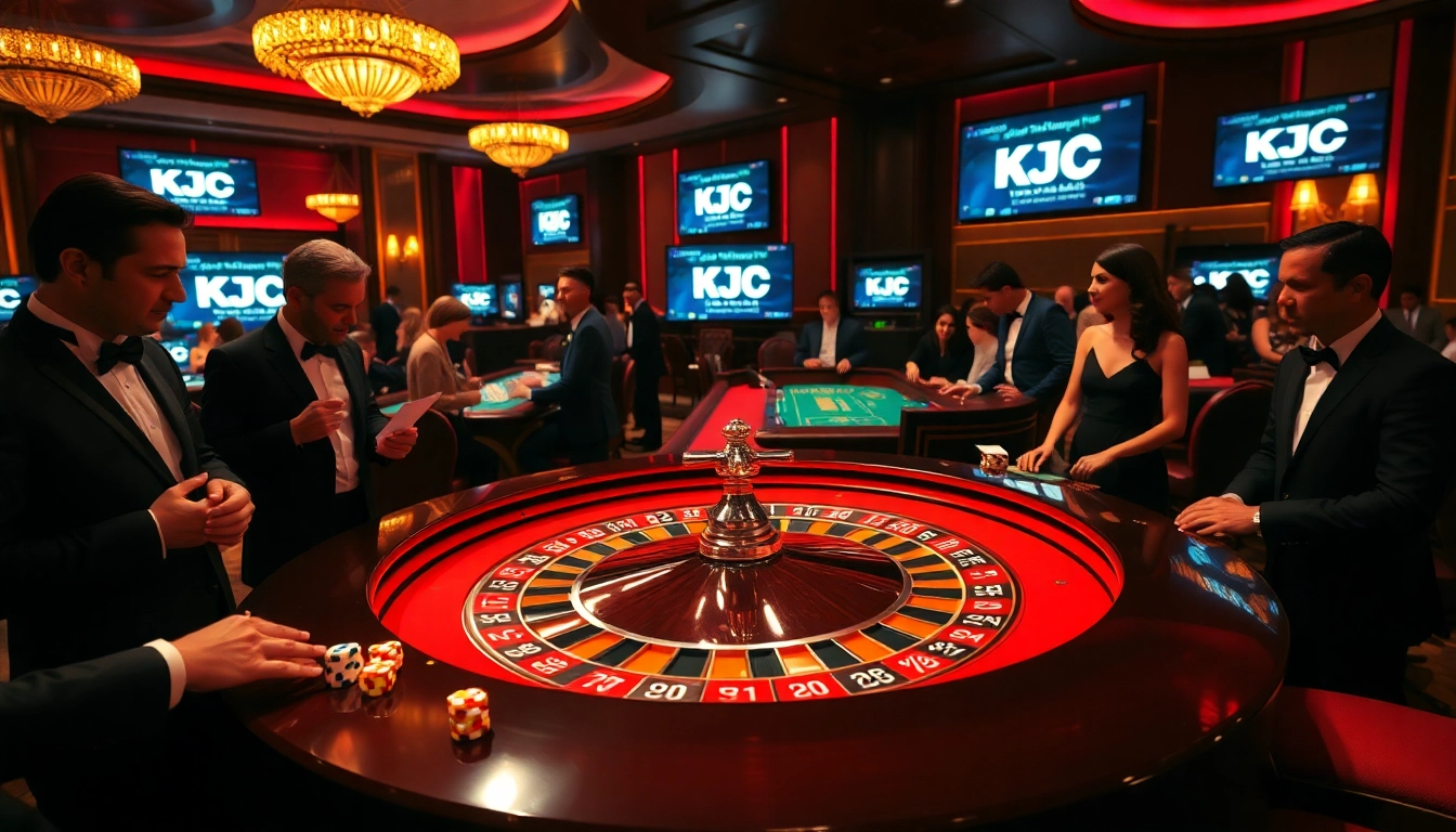 This vibrant casino scene showcases players engaging at a roulette table, representing excitement for https://kjc.football/.