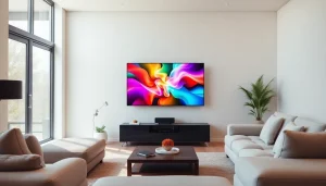 Telewizor prezentujący żywe kolory w nowoczesnym pokoju dziennym.