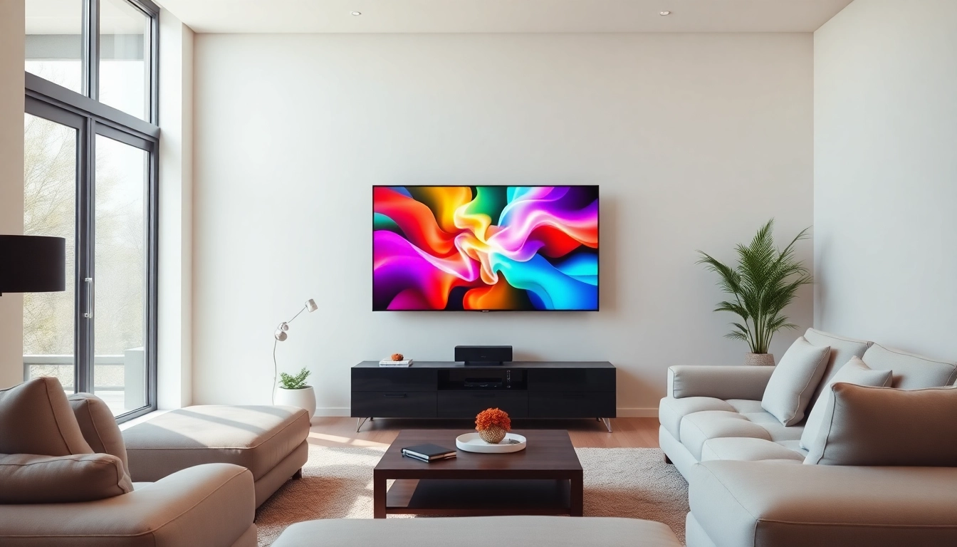 Telewizor prezentujący żywe kolory w nowoczesnym pokoju dziennym.