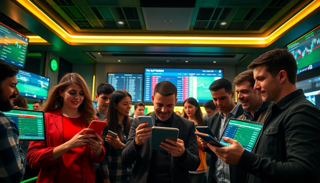 Real-time football betting insights at https://keonhacai.gold/ with enthusiastic gamblers analyzing odds in a vibrant atmosphere.