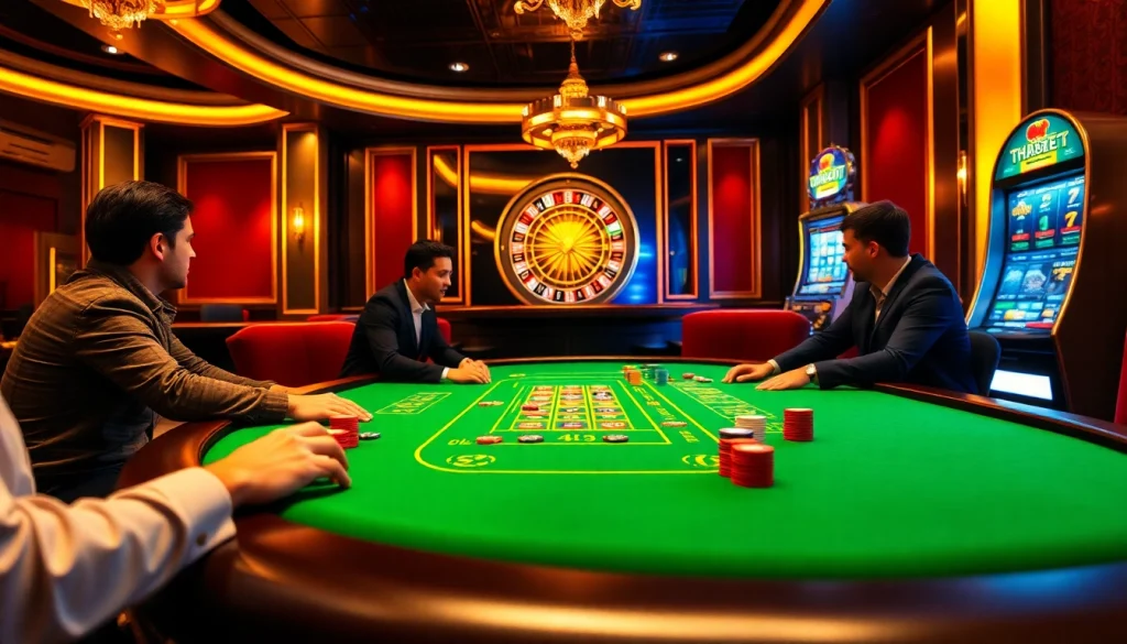 Players strategizing at the Thabet Casino poker table, showcasing high stakes and excitement.