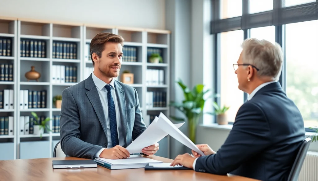 Kündigungsschutz Beratung zwischen Anwalt und Klient in modernem Büro.
