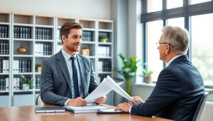 Kündigungsschutz Beratung zwischen Anwalt und Klient in modernem Büro.