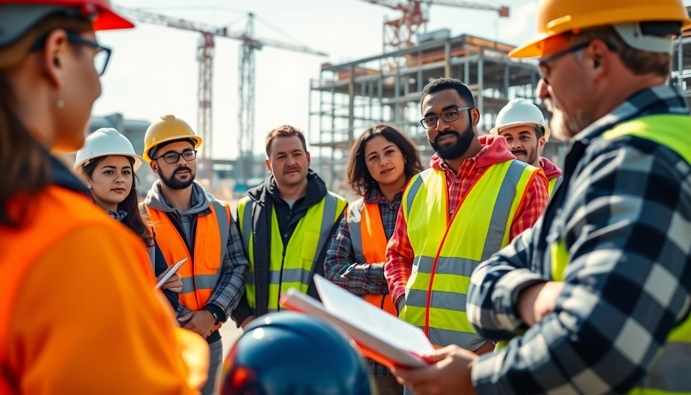 Participants engaging in construction safety training with an instructor, featuring safety gear and construction site.